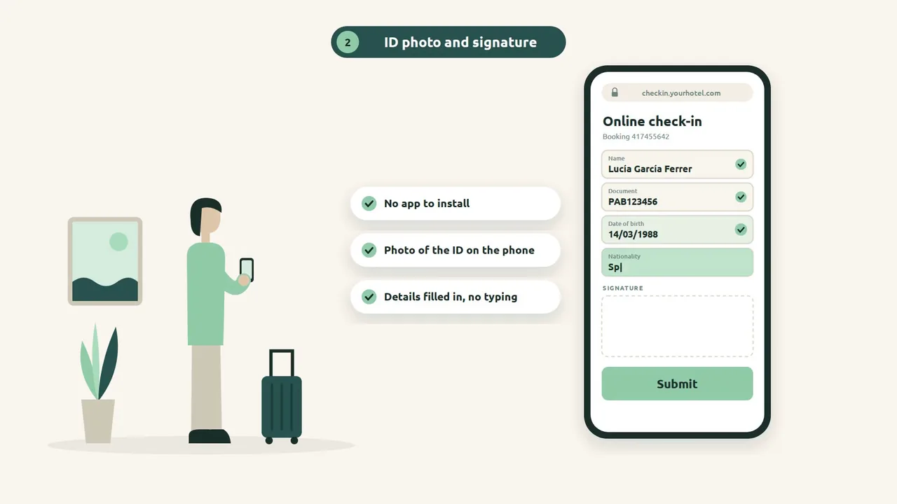 A guest completes online check-in on the phone: photo of the ID, details filled in, signature.